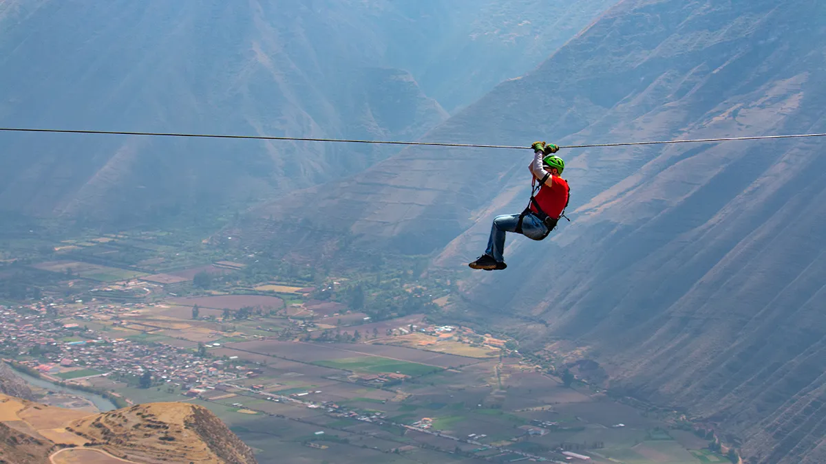 Zipline adventure tours near Cusco — panoramic flight over the Sacred Valley at Racchi Viewpoint